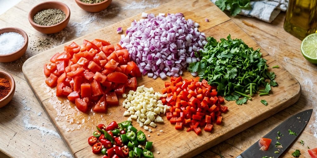 Fresh-chopped Roma tomatoes, purple onion, cilantro, garlic, red bell pepper and chile peppers on a cutting board