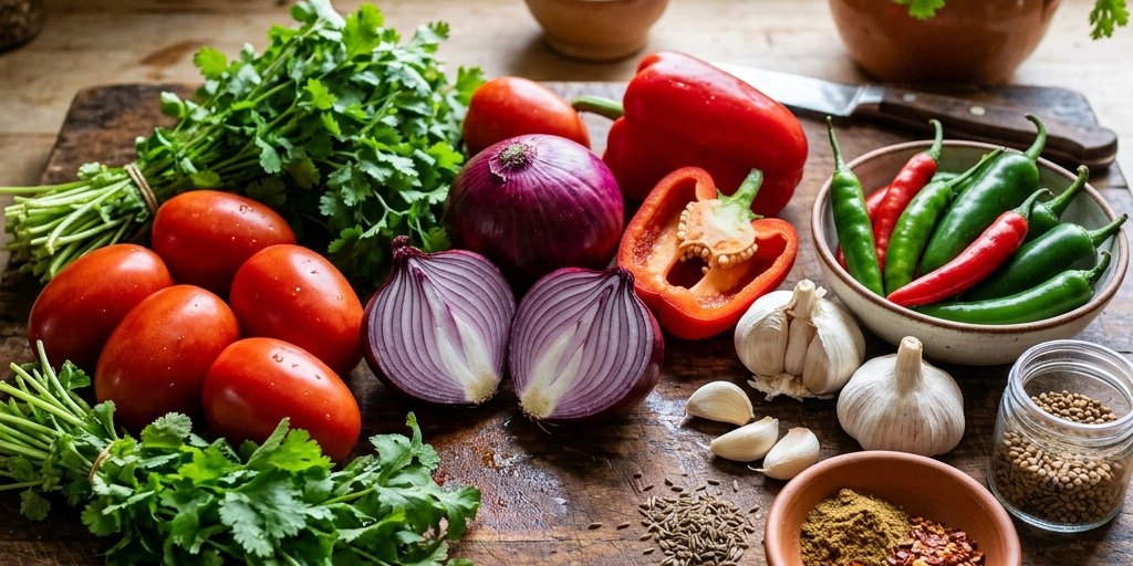 Whole Roma tomatoes, purple onions, red bell peppers, cilantro, garlic, chile peppers and spices on a wooden table